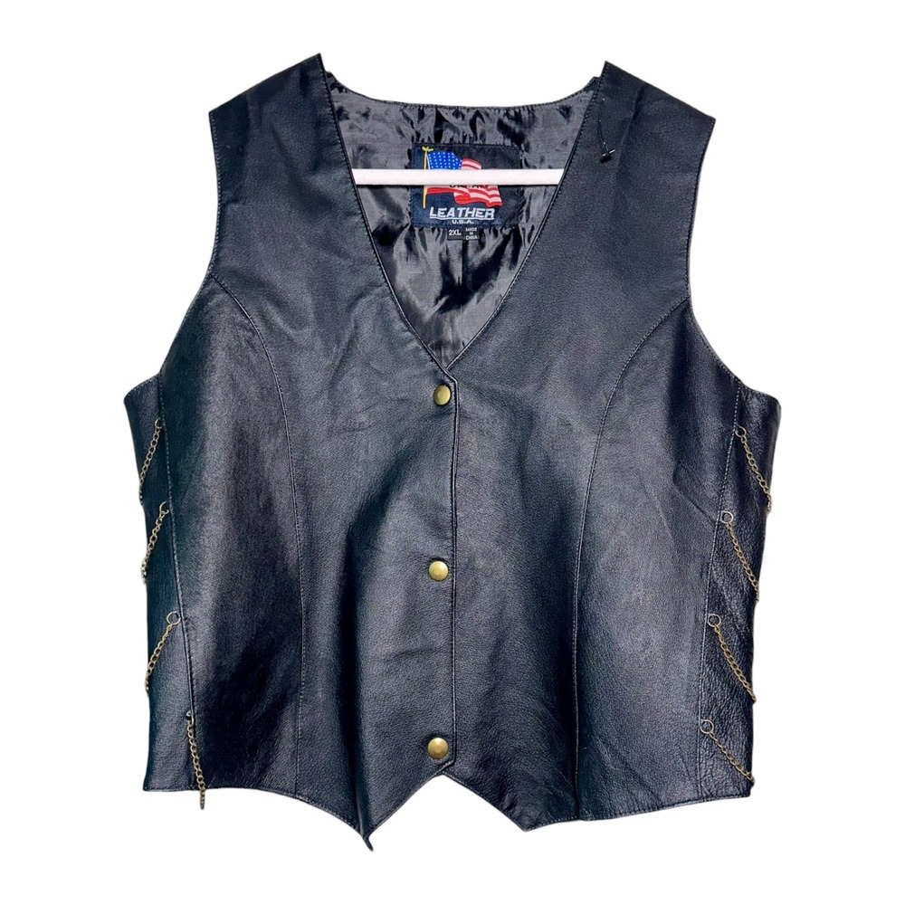 Leather Biker Vest Men's XL 2XL Black Chain Side Moto Snap Y2K Unisex Vintage